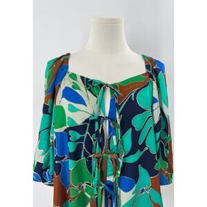 Cult Gaia Aurel Front Tie Puff Sleeve Floral Top Green Multi Blouse Medium M